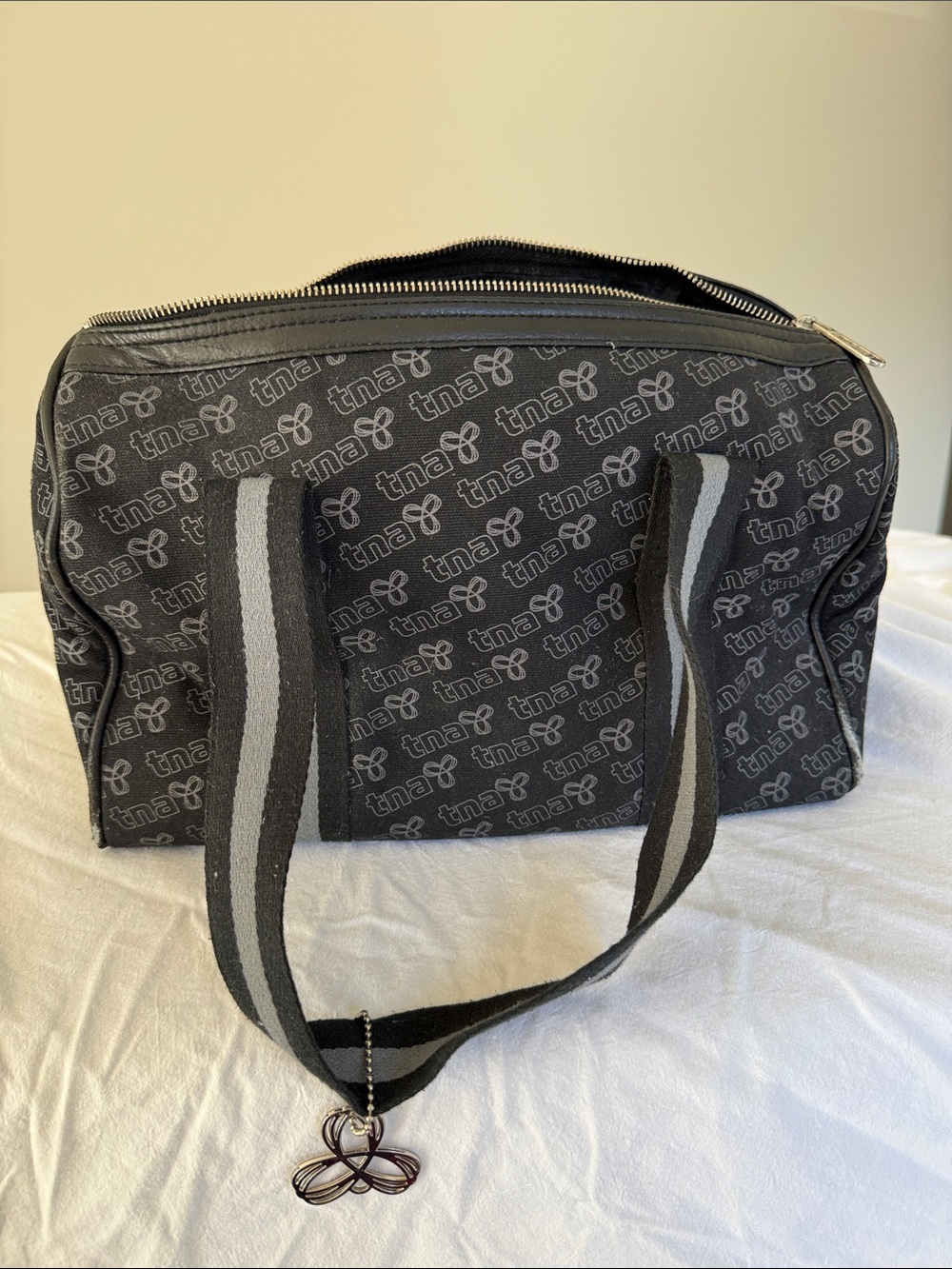 TNA Black Logo-Print Carry Tote with Striped Handles
